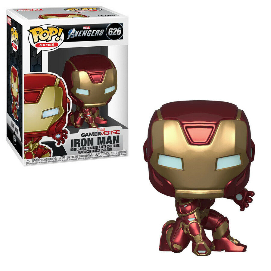 Eine rote und goldene Iron Man Funko Pop-Figur in Hulkbuster-Pose vor ihrer Originalverpackung.