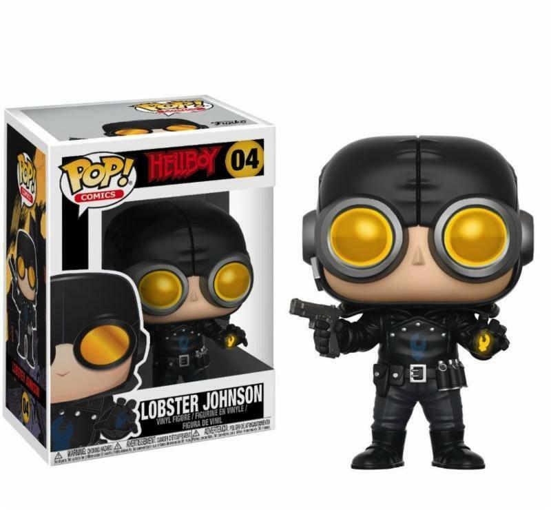 Figura de vinilo Funko Pop de Lobster Johnson con traje negro y gafas amarillas, junto a su caja.
