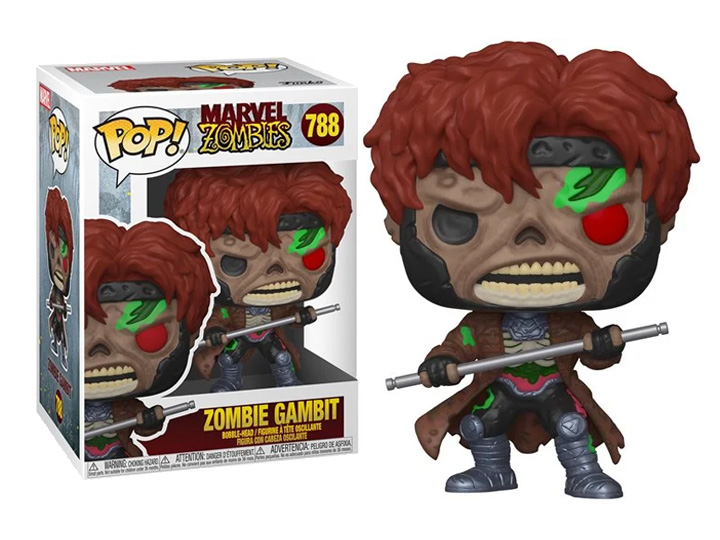 Figura Funko Pop di Marvel Zombie Gambit con un bastone accanto alla sua scatola.