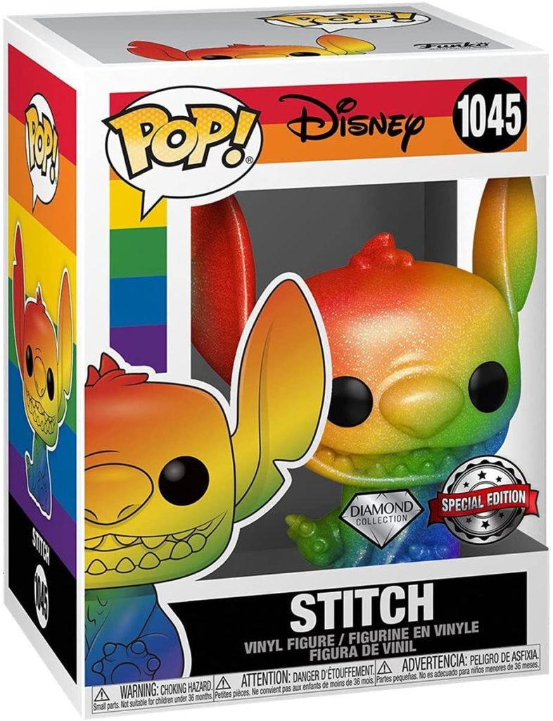 Eine Pop! Disney Stitch Vinyl-Figur mit Regenbogen-Farbverlauf und Glitzer in ihrer Box.