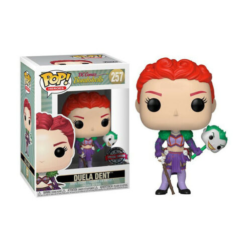 Funko Pop-Sammelfigur von Duela Dent in ihrer Originalverpackung vor weißem Hintergrund.