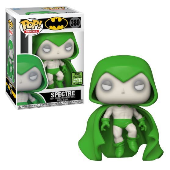 Eine Spectre Funko Pop Vinylfigur in grün-weißer Kleidung steht vor ihrer Schachtel.