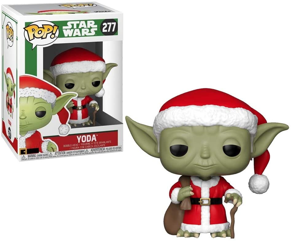 Figura Funko Pop de Santa Yoda con gorro rojo y abrigo llevando un saco, junto a su caja.
