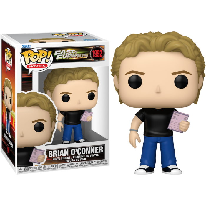 Figura Funko Pop de Brian O'Conner con camisa negra, vaqueros azules y documentos en la mano, junto a su caja.