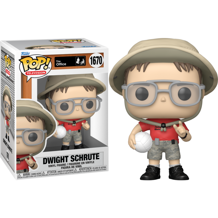 Figura Funko Pop de Dwight Schrute de The Office con sombrero, gafas y un balón.
