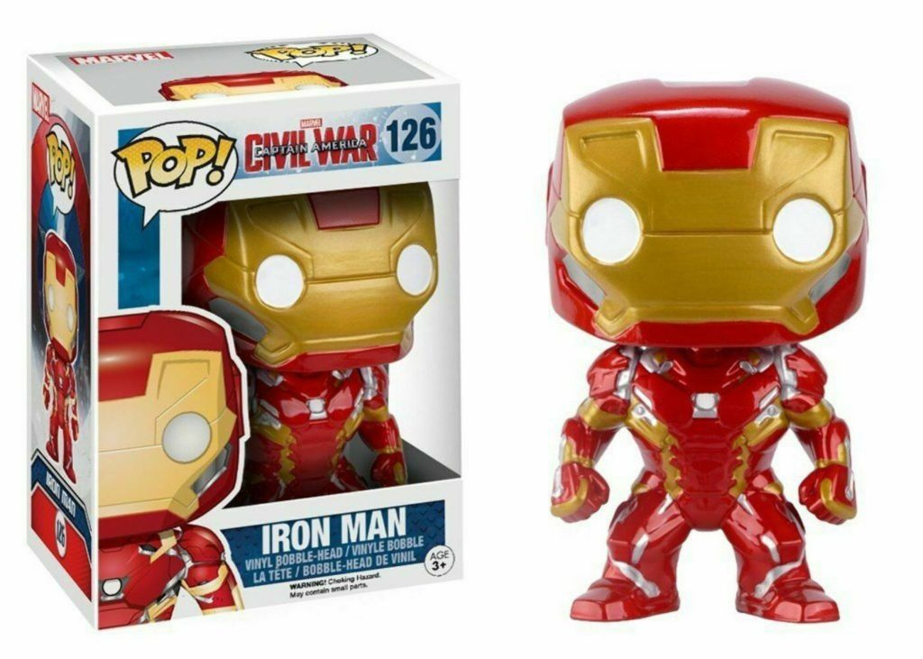 Una figura de vinilo Funko Pop de Iron Man con armadura roja y dorada, junto a su caja de colección.