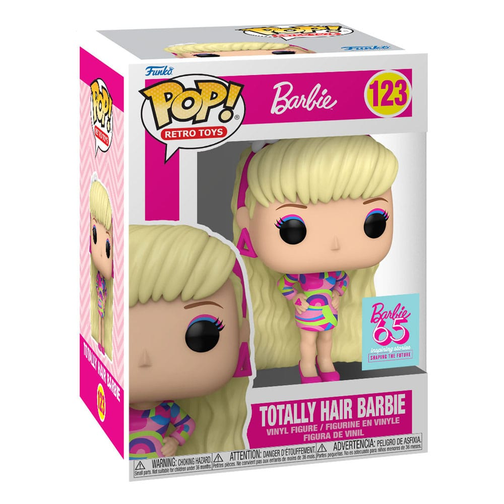 Figurine en vinyle Funko Pop Barbie Retro Toys dans sa boîte, cheveux blonds et robe colorée.