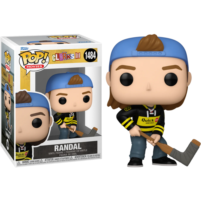 Figurka winylowa Funko Pop Randal z Clerks III, w niebieskiej czapce i z kijem hokejowym, obok pudełka.