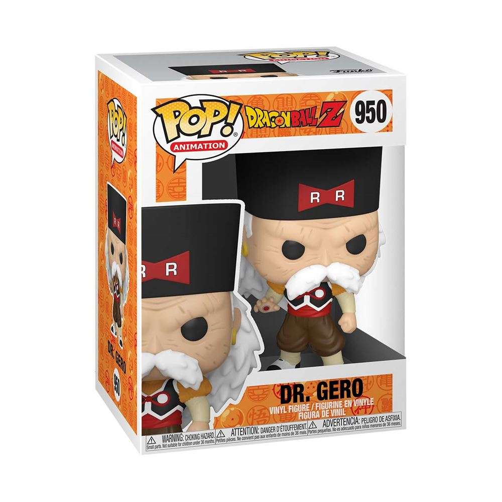Funko Pop! Figur von Dr. Gero aus Dragon Ball Z in einer bunt bedruckten Sammlerbox mit Sichtfenster.