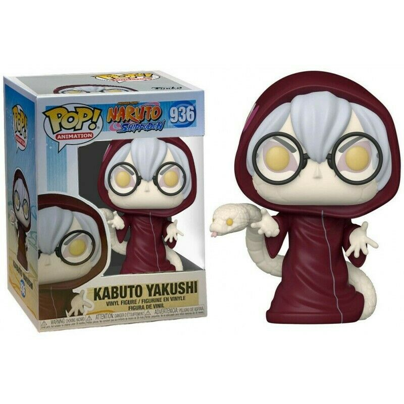 Figura Funko Pop de Kabuto Yakushi con túnica borgoña, gafas redondas, pelo blanco y una serpiente blanca.