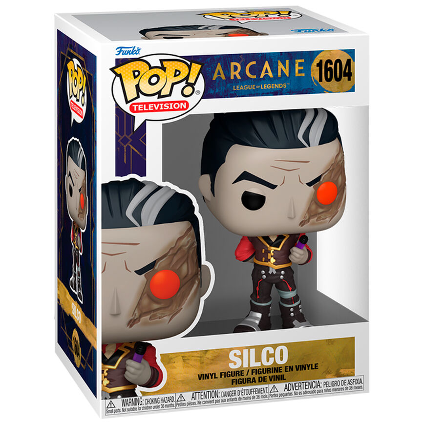 Figura de vinilo Funko Pop de Silco de Arcane en caja, con ojo rojo brillante y ropa detallada.