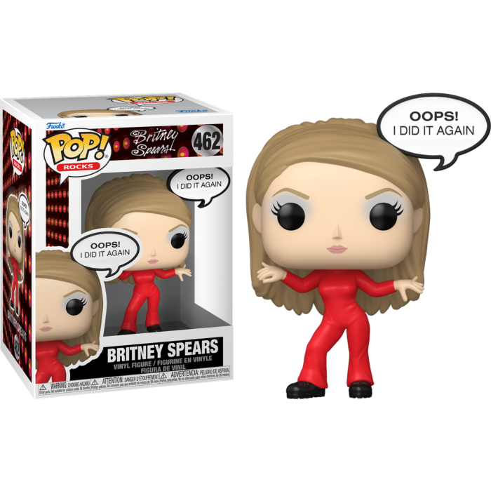 Figura de vinilo Pop! de Britney Spears con mono rojo y bocadillo.