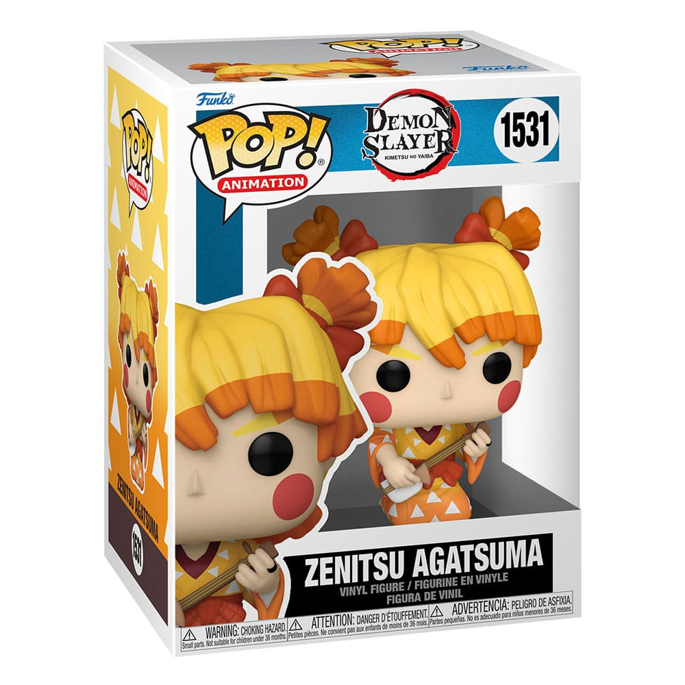 Figura Funko Pop de Zenitsu Agatsuma de Demon Slayer con cabello anaranjado y kimono con patron de triangulos en caja.