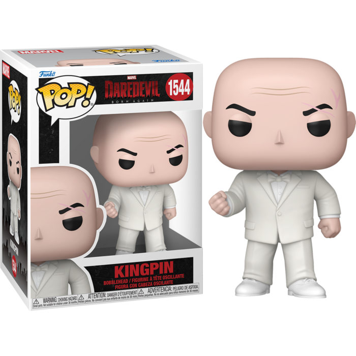 Figura de vinilo Funko Pop de Kingpin en traje blanco con caja.