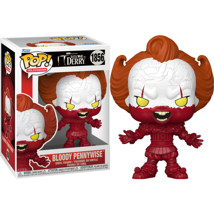 Eine Funko Pop Figur von Pennywise aus Welcome to Derry neben seiner bunten Verpackung.
