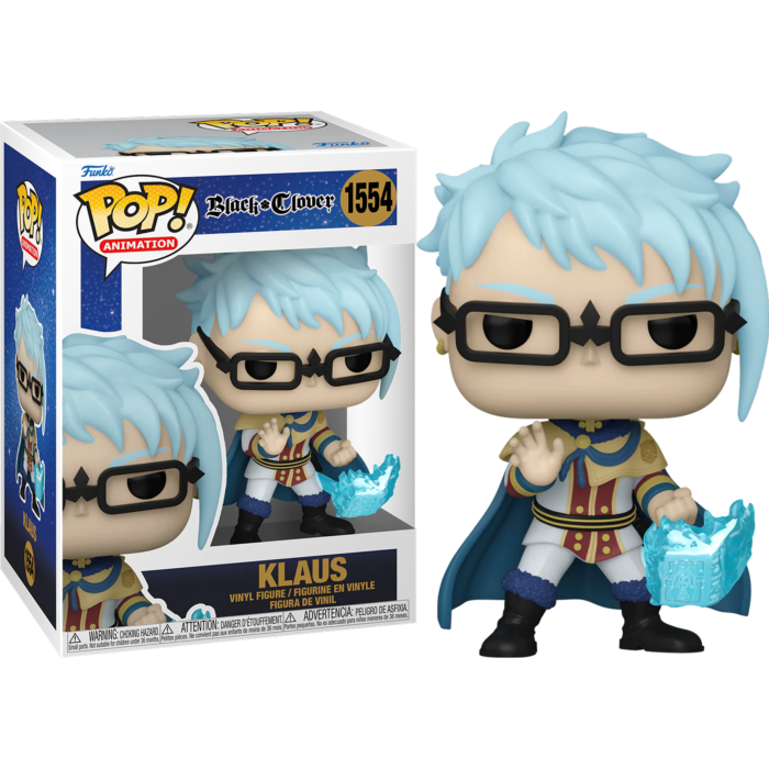 Funko Pop Klaus Figur aus Black Clover mit blauen Haaren, Brille und leuchtendem blauen Zauberbuch.