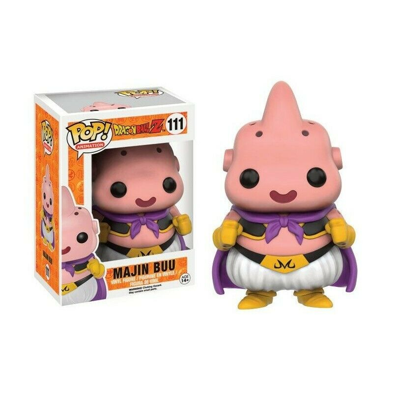 Majin Buu Funko Pop Figur mit Verpackung auf weißem Hintergrund.