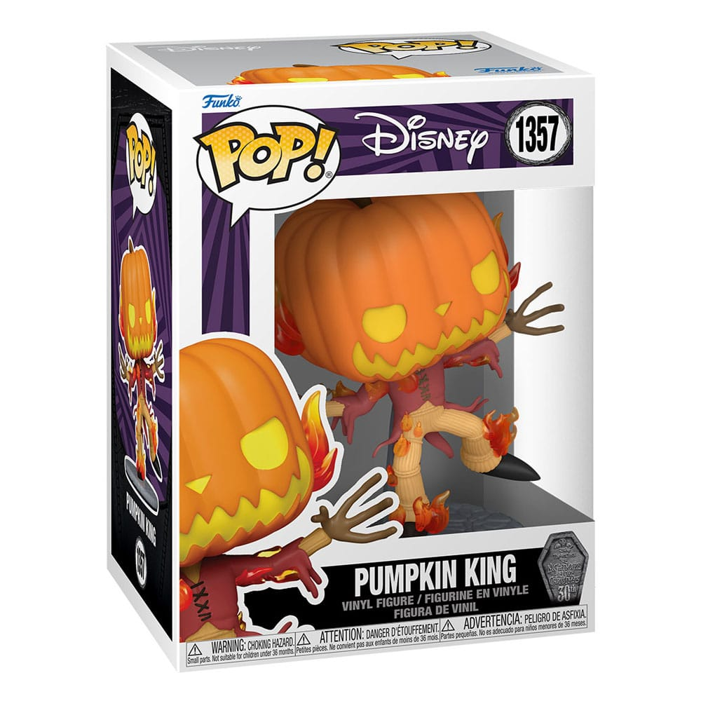 Funko Pop Disney Vinyl-Figur des Kürbiskönigs aus Nightmare Before Christmas in ihrer Verpackung.