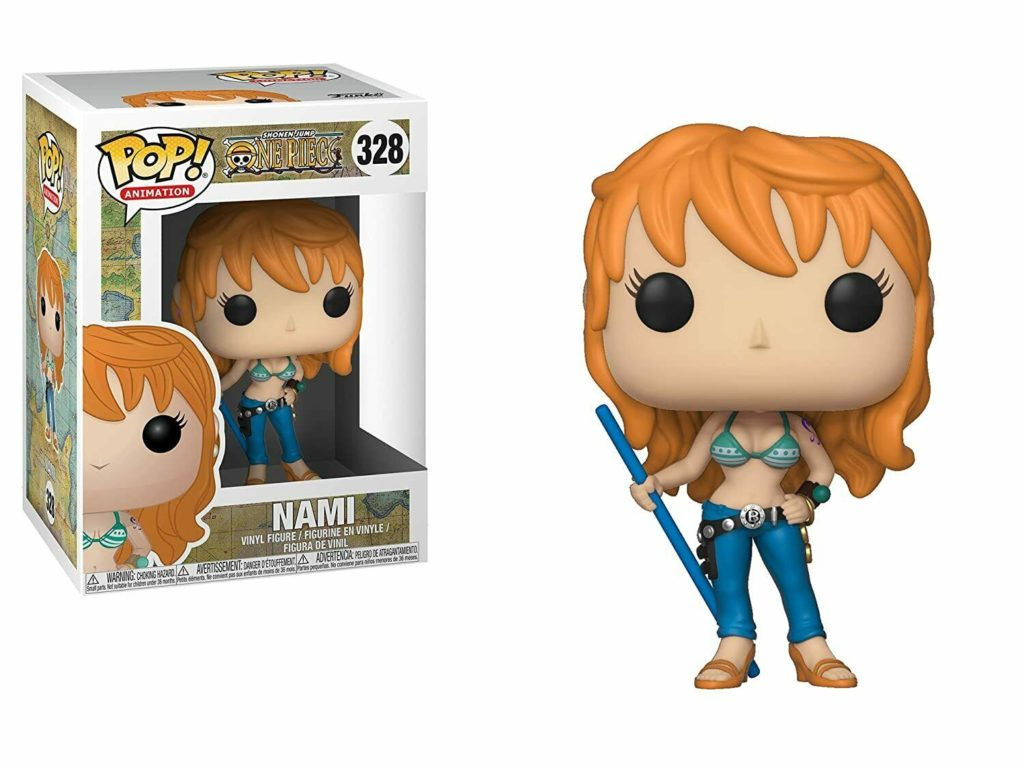 Nami Funko Pop Figur mit blauer Stange und Box.
