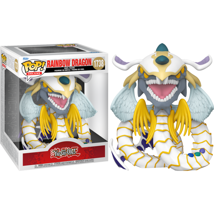 Figurka winylowa Funko Pop Rainbow Dragon z Yu-Gi-Oh! obok kolorowego pudełka na czarnym tle.