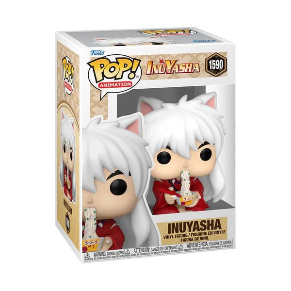 Figura de vinilo Funko Pop de Inuyasha con cabello blanco y tazón de fideos en su caja.