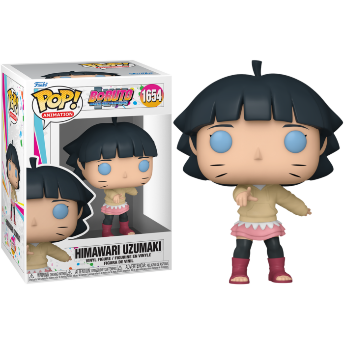 Figurine Funko Pop d'Himawari Uzumaki avec un sweat à capuche jaune et une jupe rose, à côté de sa boîte.