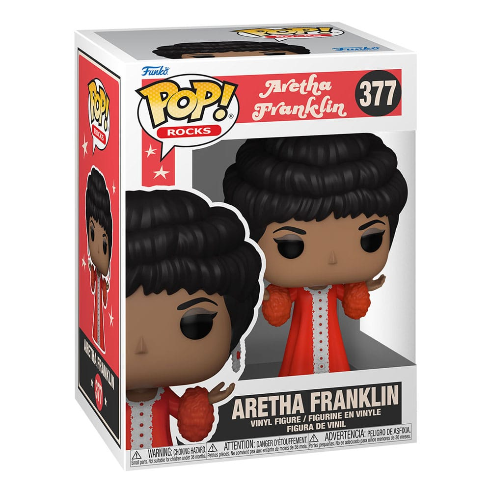 Figura de vinilo Funko Pop de Aretha Franklin en una caja de coleccionista roja y blanca número 377.