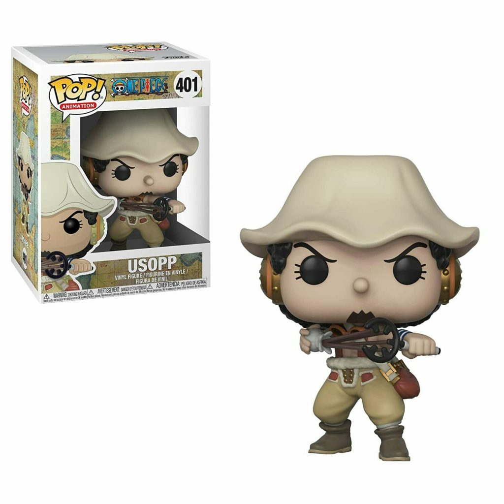 Eine One Piece Usopp Funko Pop Vinyl-Figur mit Hut hält eine Schleuder, daneben steht die bedruckte Verpackung.