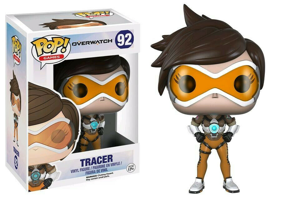 Tracer Funko Pop Vinyl Figur in Box, Overwatch Figur mit braunem Haar und oranger Brille.