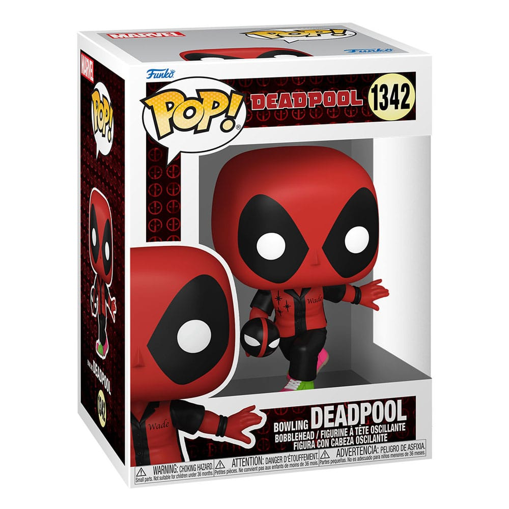 Funko Pop Deadpool Figur in Bowling-Kleidung mit Ball in einer Sammlerbox.