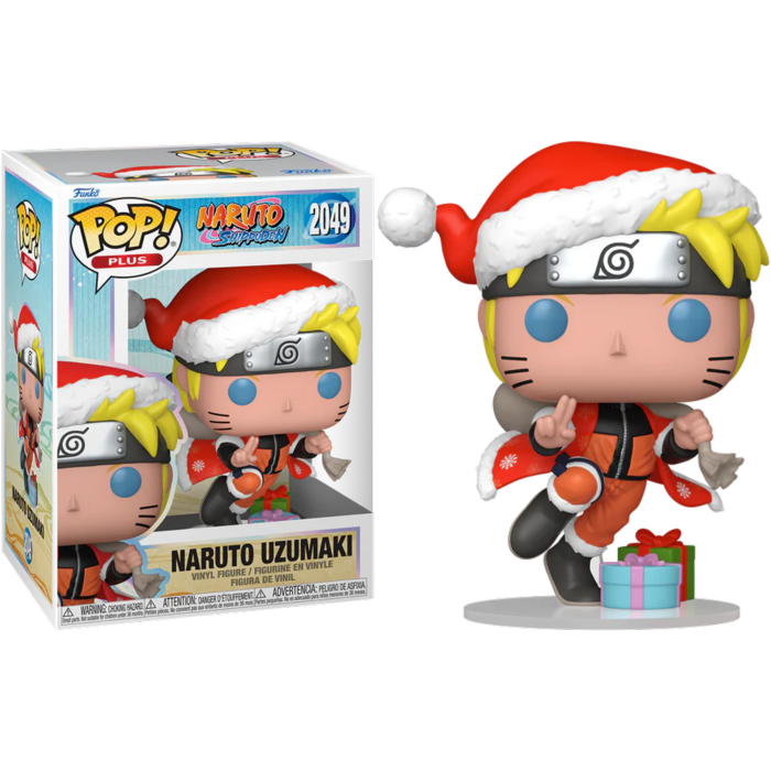 Una figura Funko Pop de Naruto Uzumaki con gorro y capa de Papá Noel se encuentra junto a su caja con regalos.