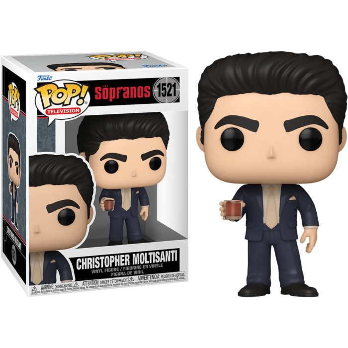Figura Funko Pop de Christopher Moltisanti de Los Soprano con traje y un vaso, junto a su caja.