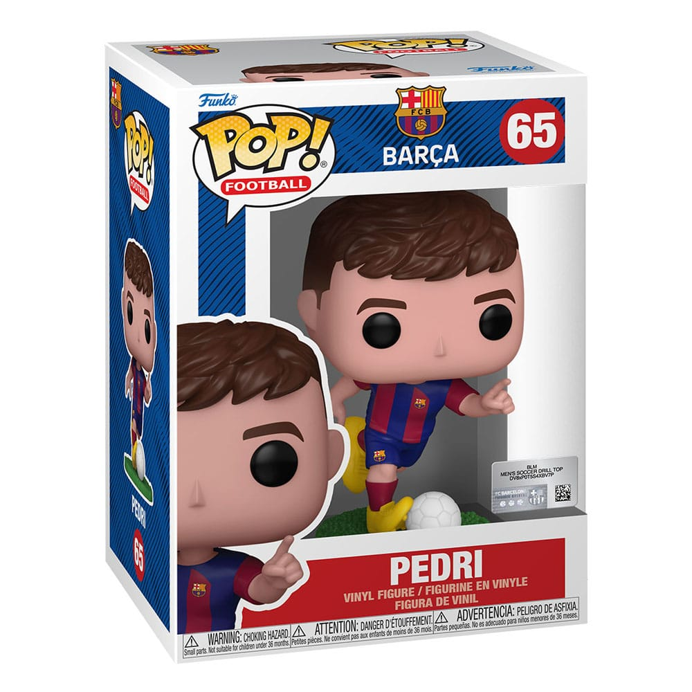 Figure in vinile Funko Pop! di Pedri con la maglia del FC Barcelona, numero 65, nella sua scatola.