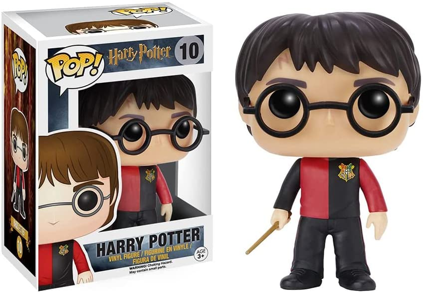 Figura Funko Pop de Harry Potter con gafas y varita junto a su caja.