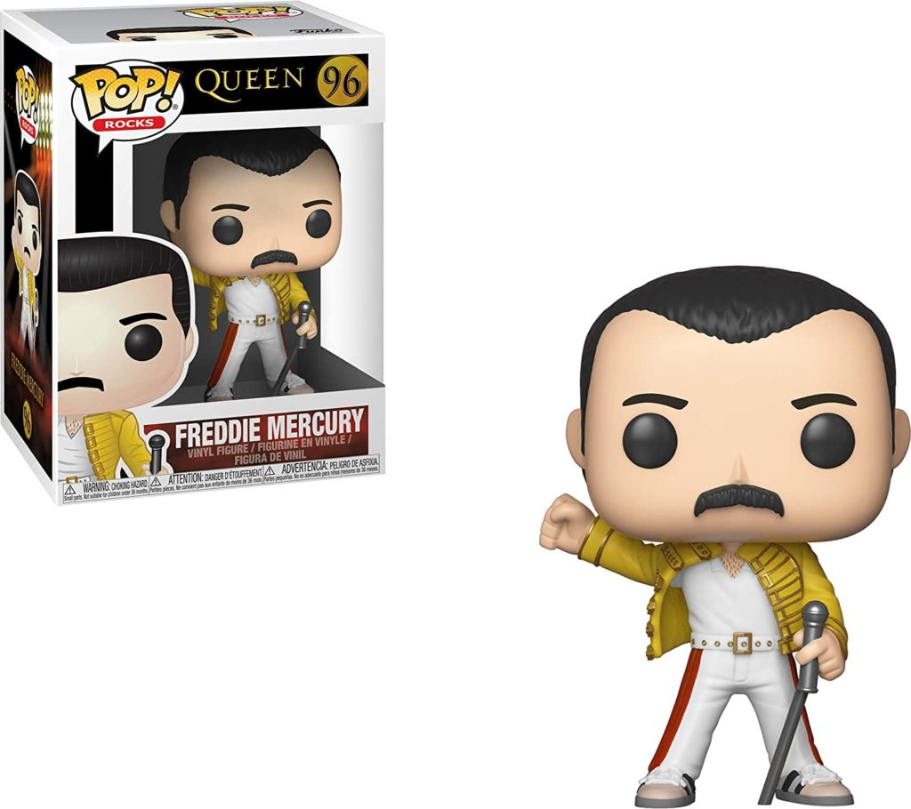 Una figure in vinile Pop! Rocks di Freddie Mercury nella scatola e fuori.