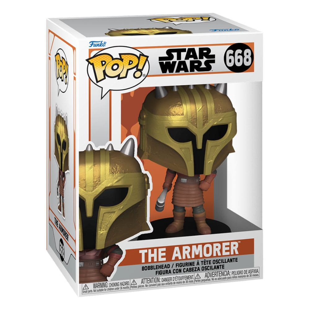 Figura Funko Pop Star Wars The Armorer en caja, con casco dorado y martillo.