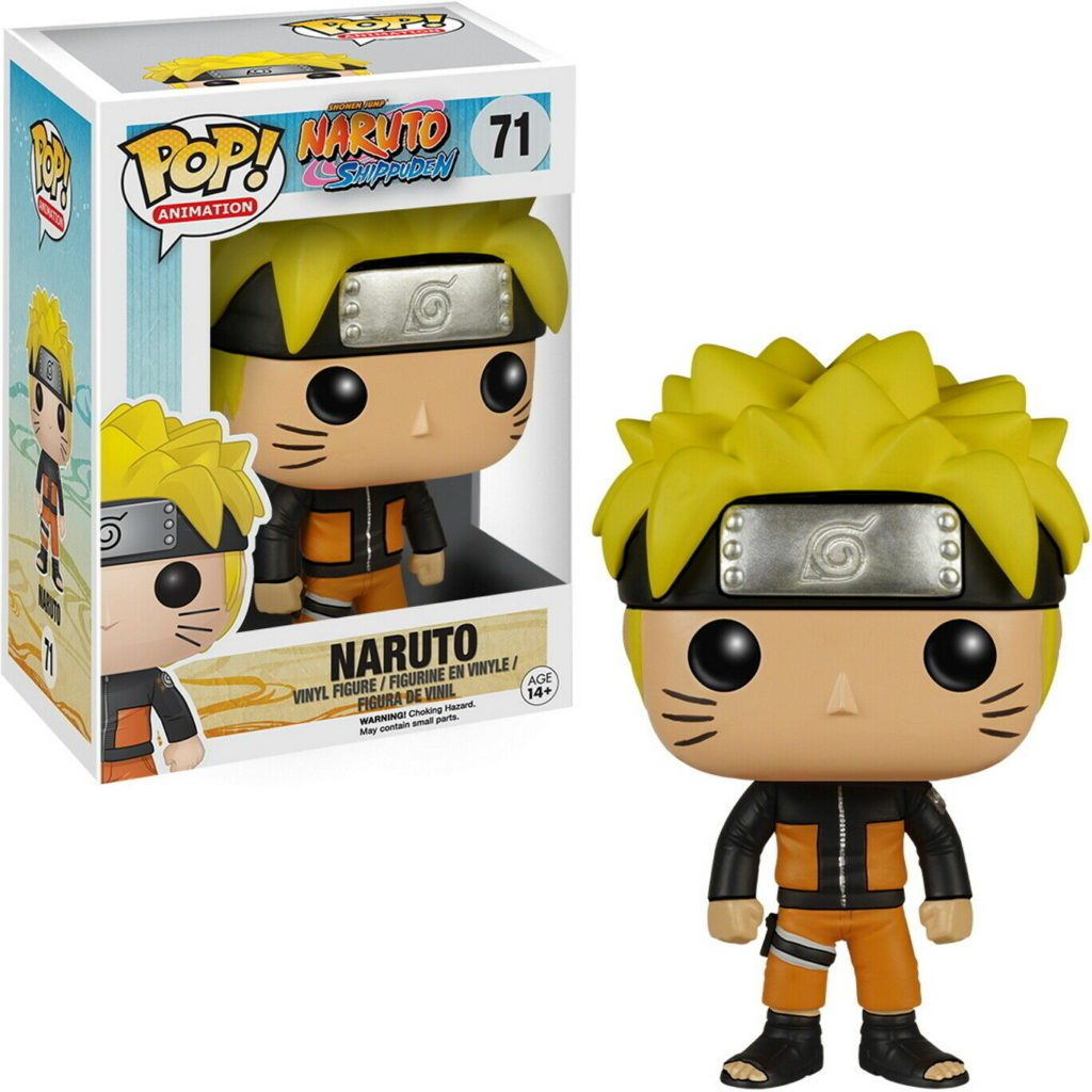 Figurka Funko Pop Naruto z blond włosami, opaską i w pomarańczowo-czarnym stroju, obok pudełka.