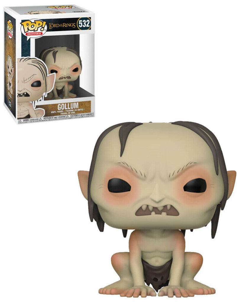 Gollum Funko Pop Figur mit Verpackung, ein kriechender, bleicher Charakter mit wenigen schwarzen Haaren.