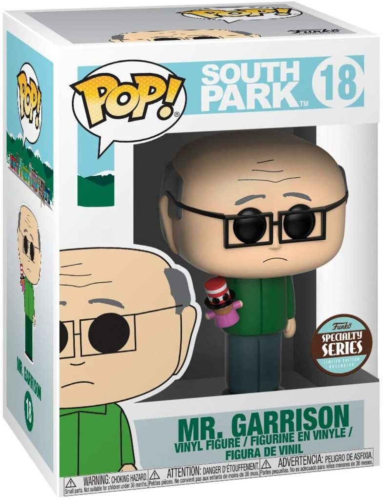 Funko-Pop-Figur von Mr. Garrison aus South Park in Schachtel mit Brille und kleiner Handpuppe.