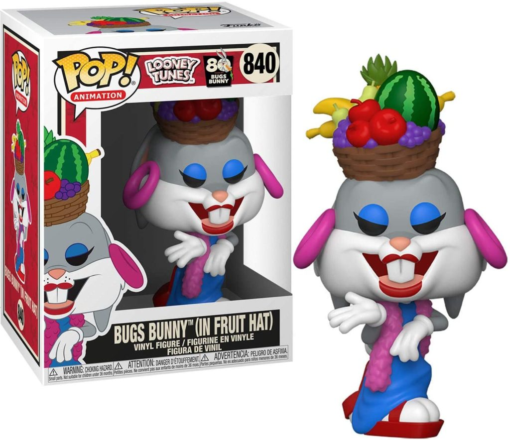 Bugs Bunny Vinyl-Figur in Fruachthut neben ihrer Verpackung.