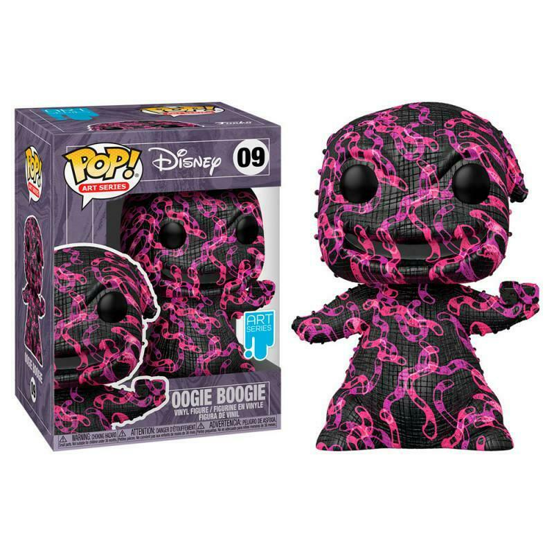 Eine Oogie Boogie Funko Pop Figur mit rosa Schlangenmuster und ihre lila Verpackung.