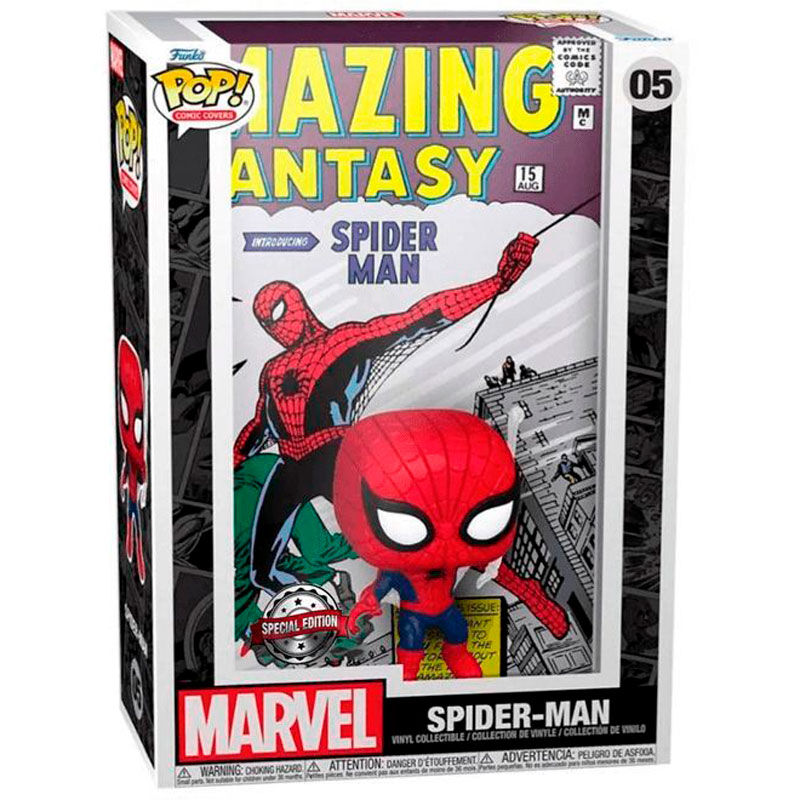Figura Funko Pop de Spider-Man en caja con portada del cómic Amazing Fantasy #15.