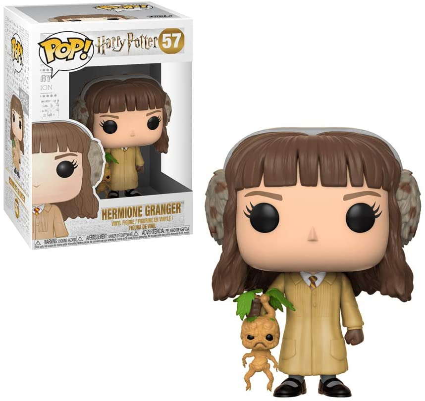 Funko Pop Figur von Hermine Granger mit Mandragora und Schachtel.