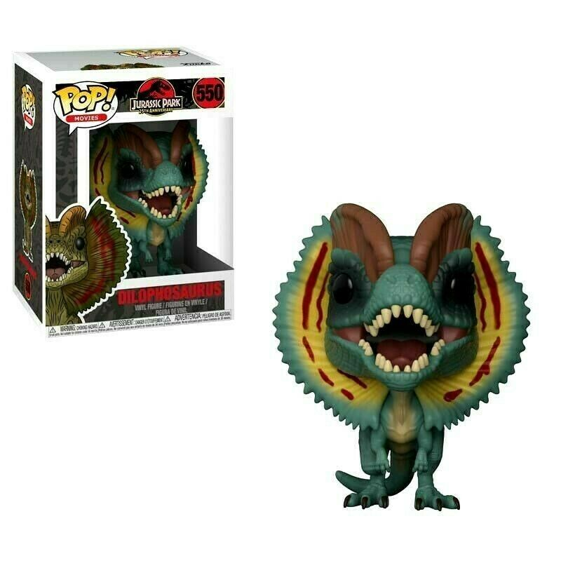 Jurassic Park Dilophosaurus Pop-Vinyl-Figur in ihrer Originalverpackung mit weitem Maul.