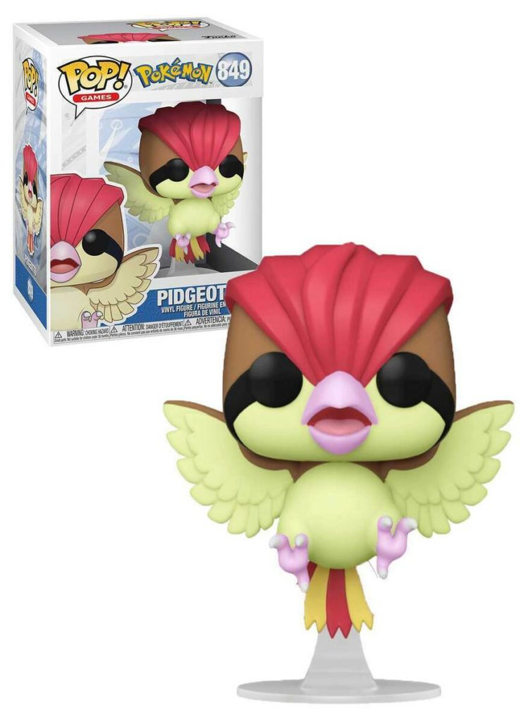 Eine Pokémon Pidgeot Funko Pop Figur mit ihrer Verpackung im Hintergrund.