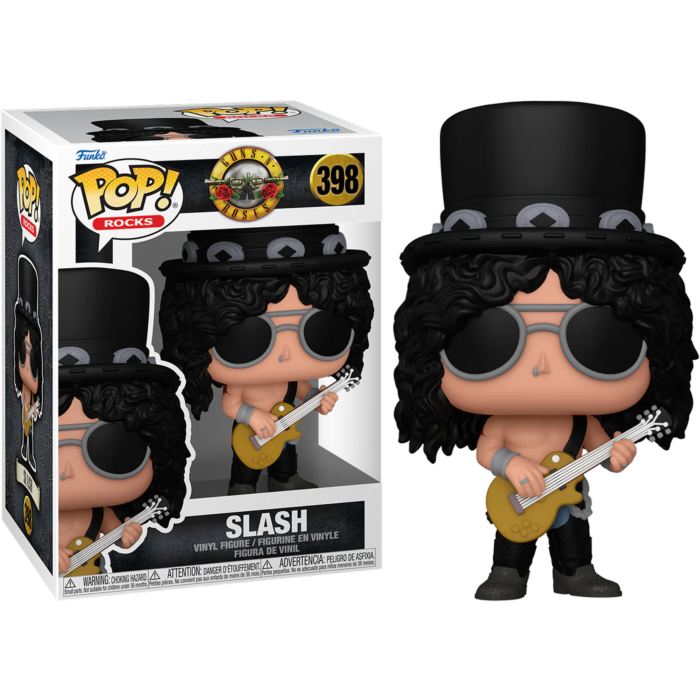 Figura de vinilo Funko Pop Rocks de Slash con sombrero, gafas de sol y guitarra, junto a su caja.
