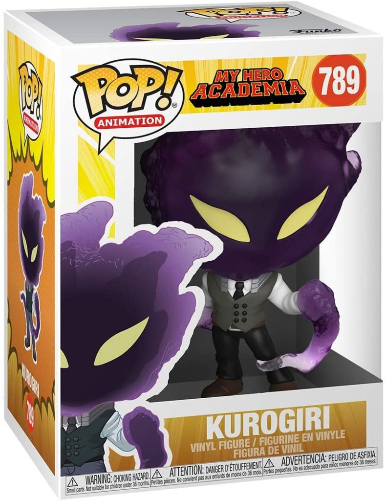Figura de vinilo Pop! de Kurogiri de My Hero Academia en su caja original con cabeza de humo morado.