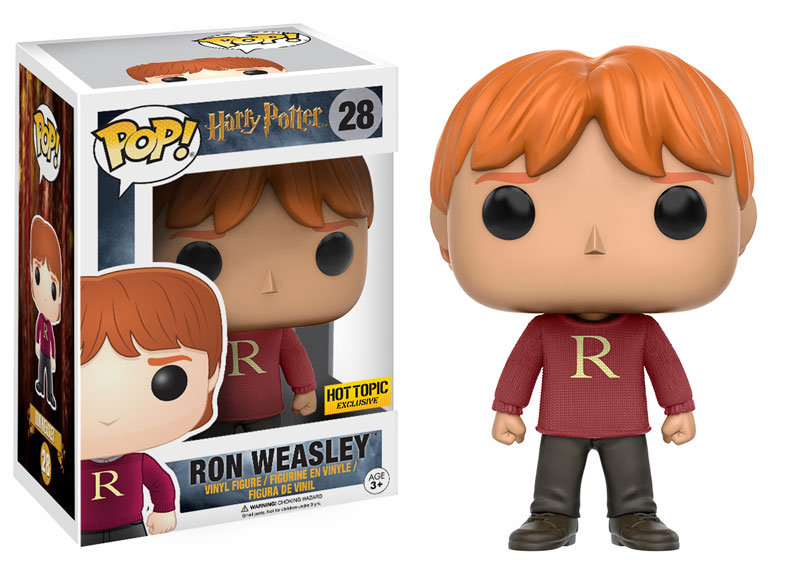 Figura de vinilo Funko Pop de Ron Weasley con jersey rojo con la letra R, junto a su caja.