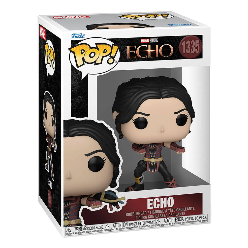 Figura Funko Pop Marvel Echo en su caja original, de pie con ropa roja y negra.