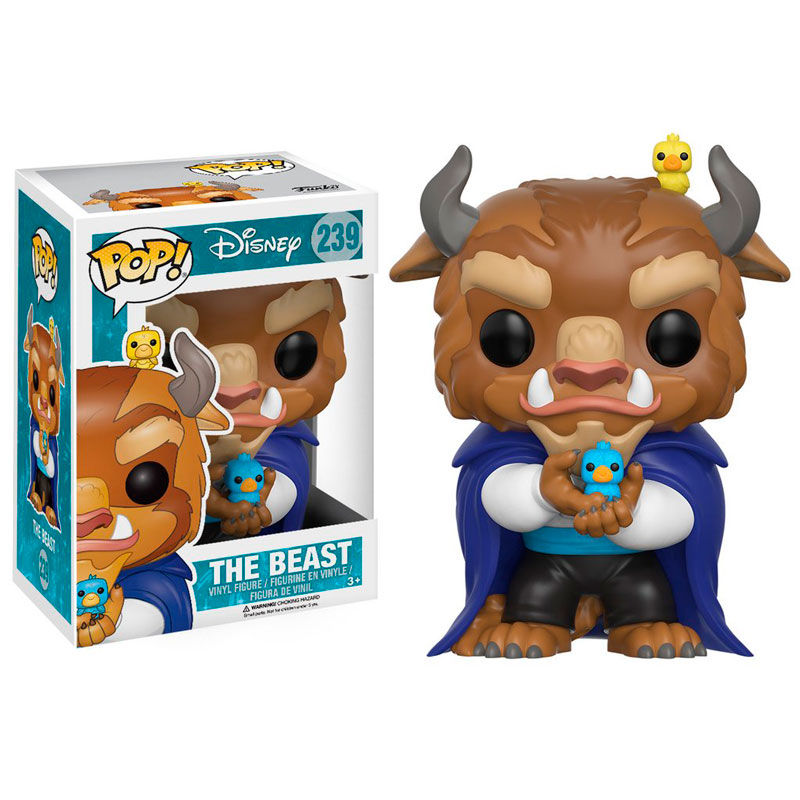 Figurka Funko Pop! przedstawiająca Bestię trzymającą niebieskiego ptaszka, z małą żółtą figurką na głowie, obok pudełka.